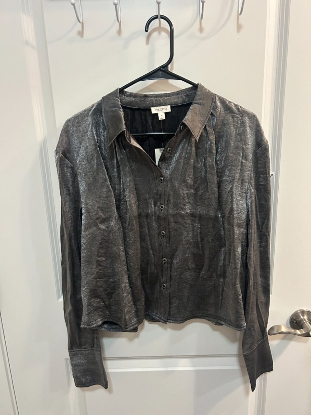 Pilcro Metallic Charcoal Satin Button-Down Shirt - Women Tops - Picture 3 of 11